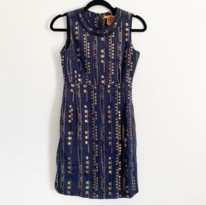 TORY BURCH Navy Gold Silk Sheath Dress Size 2